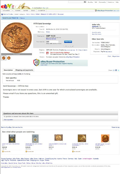 djedkins9 1978 Queen Elizabeth II Gold Sovereign eBay Auction Listing
